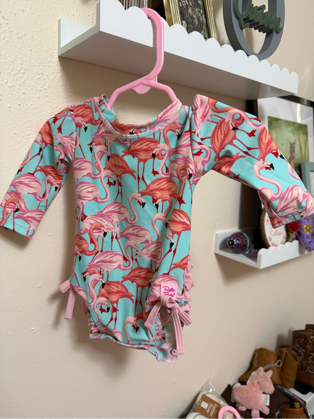 Ruffle Butts Pink Flamingo Long-Sleeve Swim Onesie - Aqua & Pink